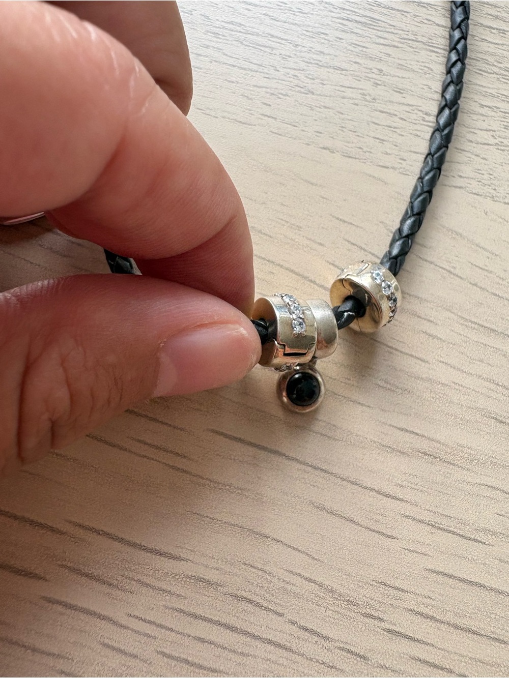 Pandora Leather Black Braided Cord Bracelet with 3 Charms - Picture 3 of 7